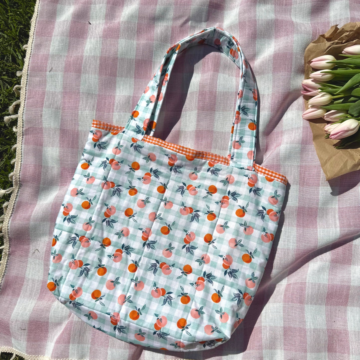 Gingham & Peaches 💚 Tote Bag