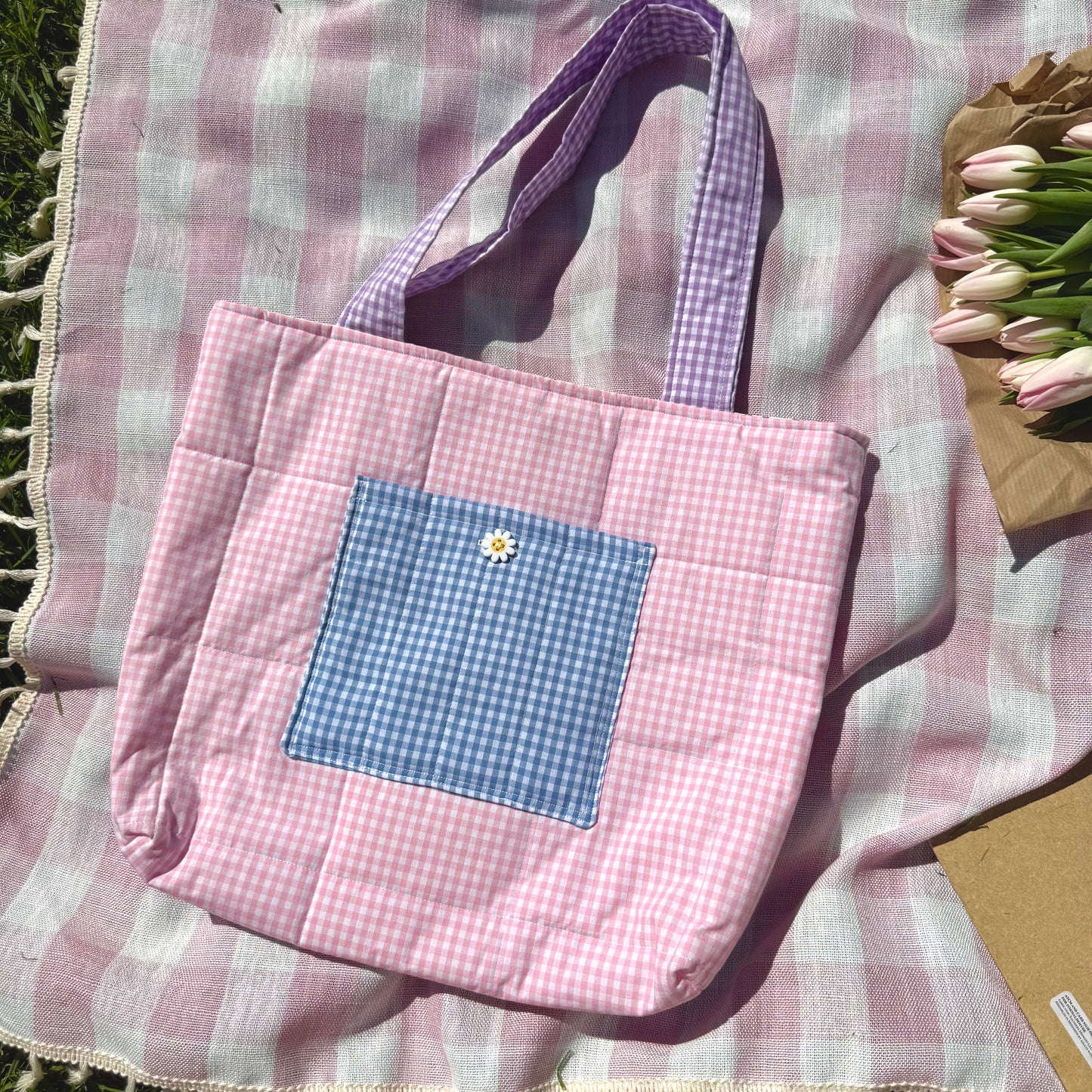 Pink Gingham Colorblock 🩷💙💜 Tote Bag