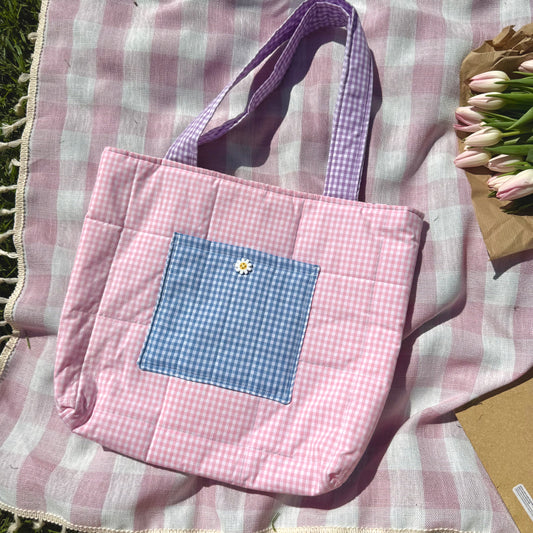 Pink Gingham Colorblock 🩷💙💜 Tote Bag