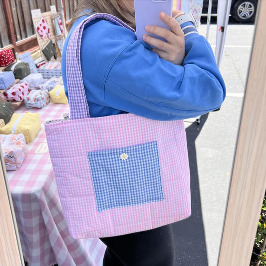 Pink Gingham Colorblock 🩷💙💜 Tote Bag